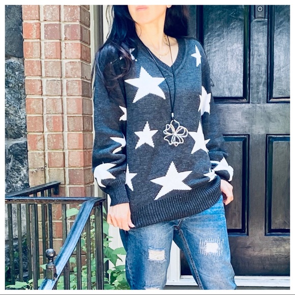 FALL MUST HAVE CHARCOAL GREY V NECK STAR SWEATER - Picture 5 of 9